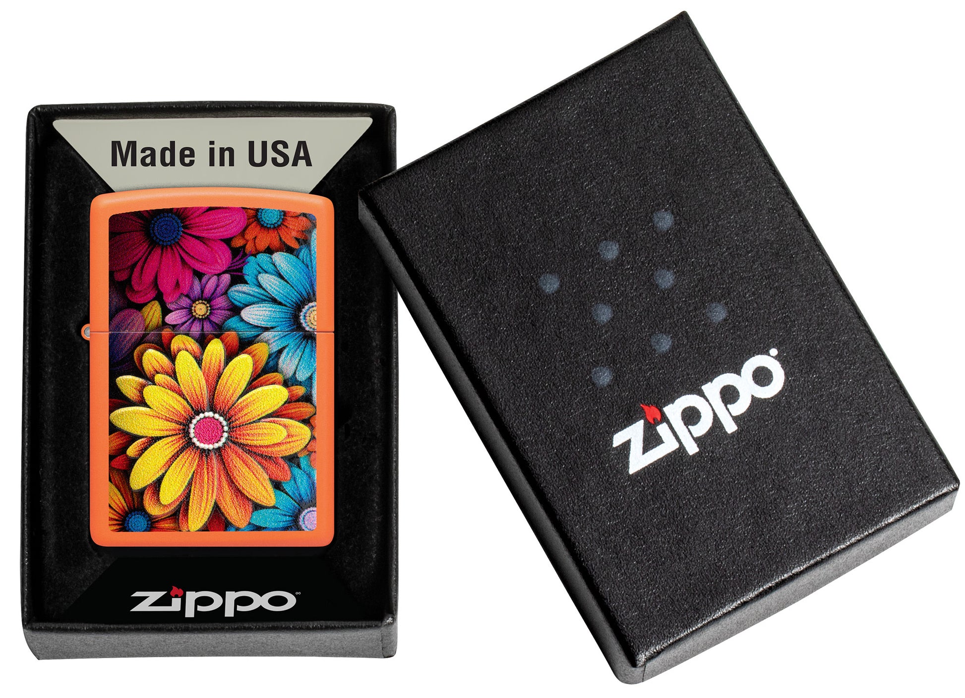 Zippo Flowers Design Orange Matte Windproof Lighter in its packaging.