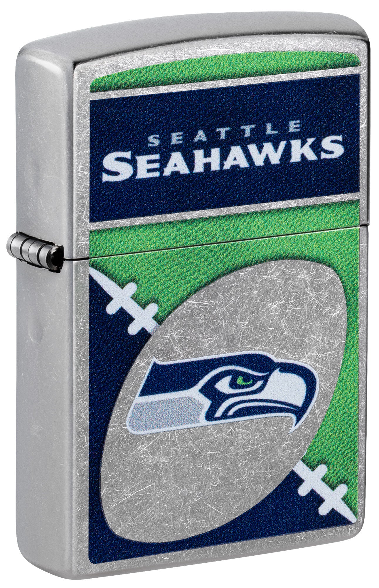 Front shot of Zippo NFL Seattle Seahawks Street Chrome Windproof Lighter standing at a 3/4 angle.