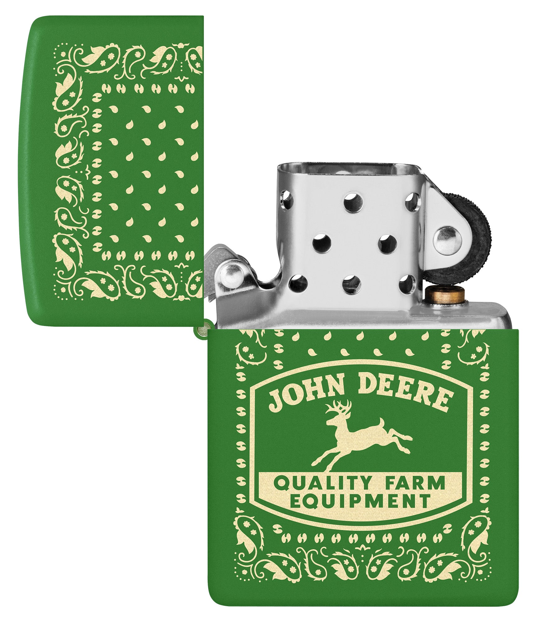 Zippo John Deere Paisley Design Moss Green Windproof Lighter with its lid open and unlit.


