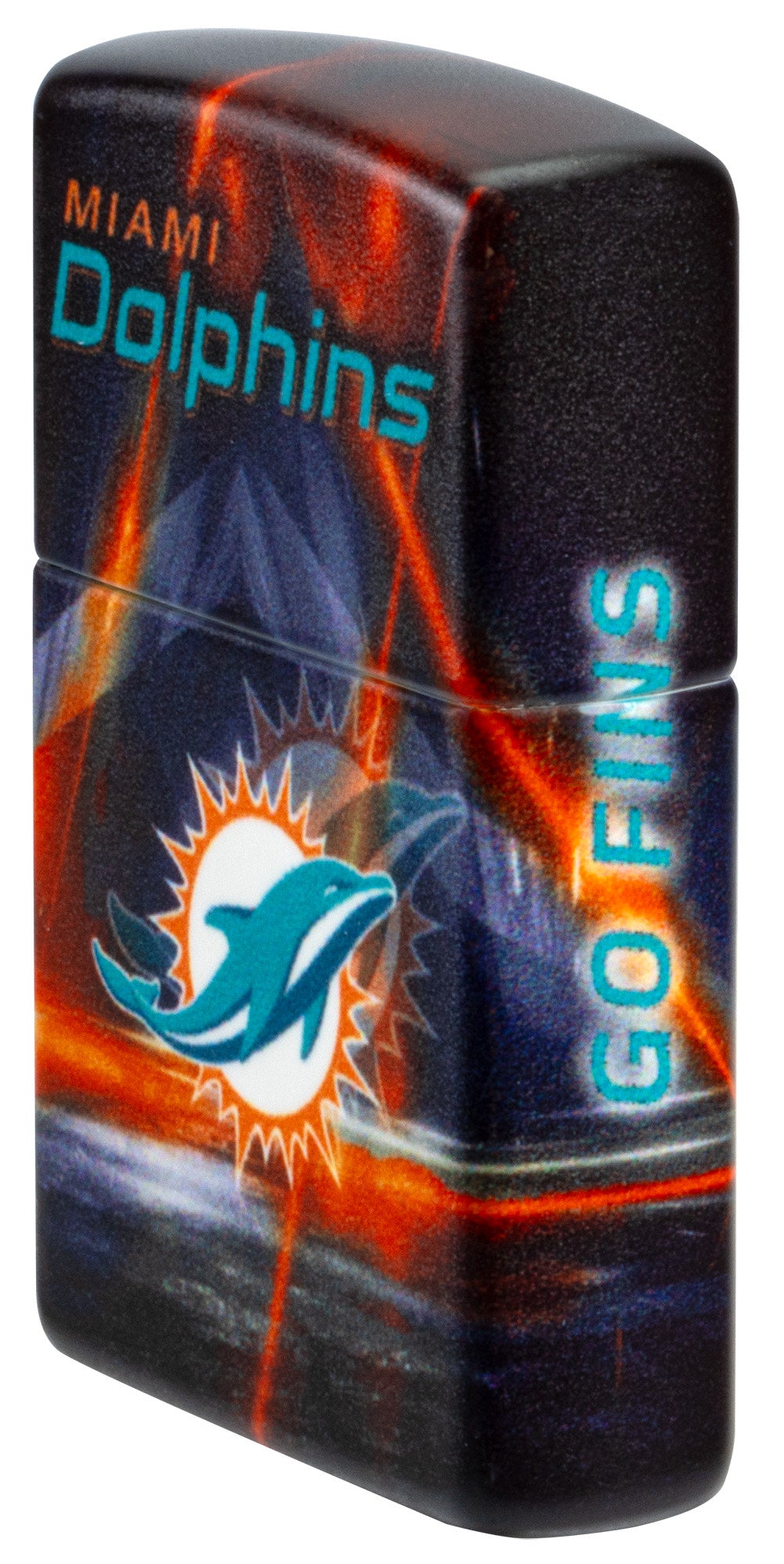 Angled shot of Zippo NFL Miami Dolphins 540 Matte Windproof Lighter showing the front and right sides of the lighter.