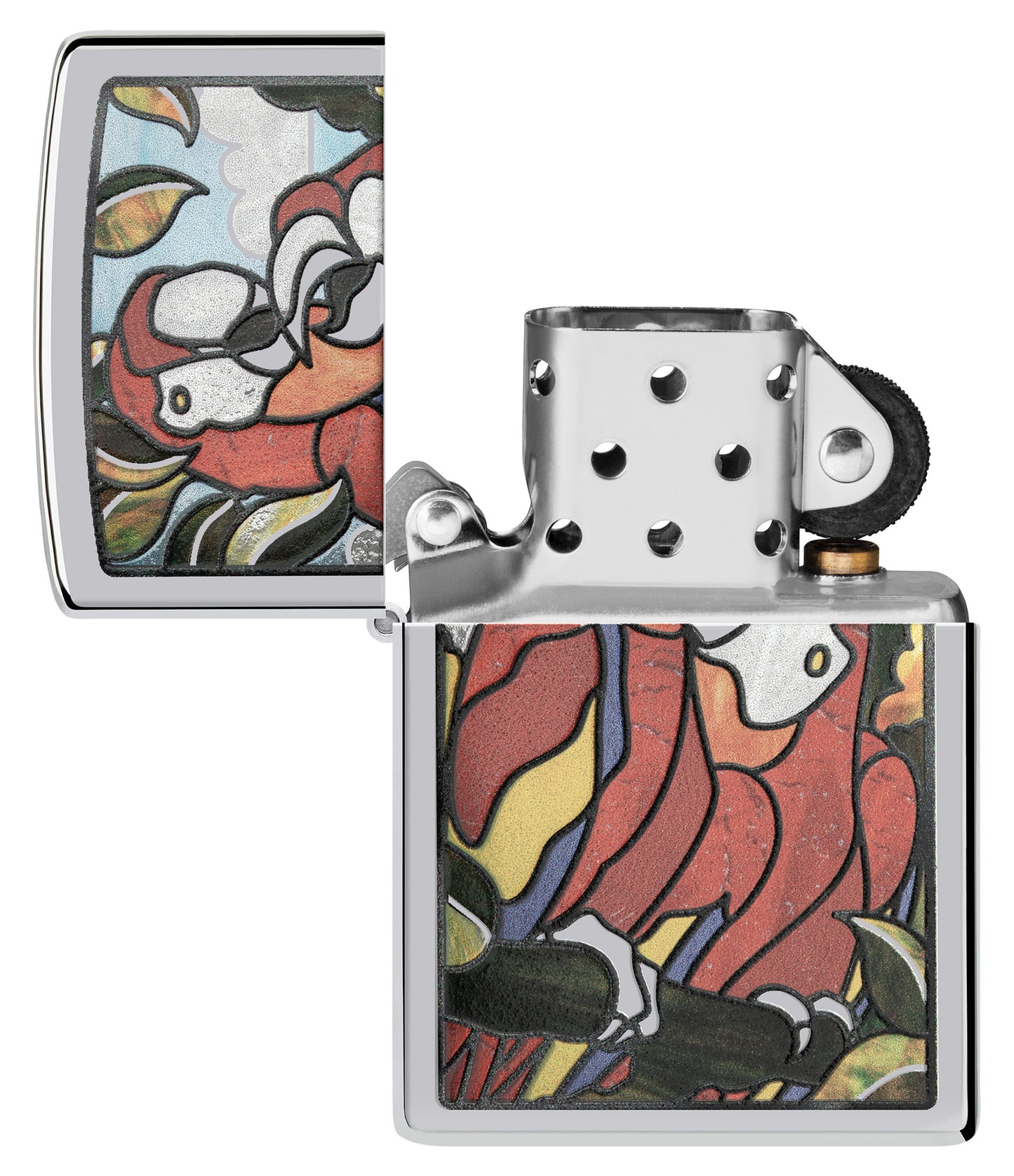 Zippo Parrot Pals Design High Polish Chrome Windproof Lighter with its lid open and unlit.