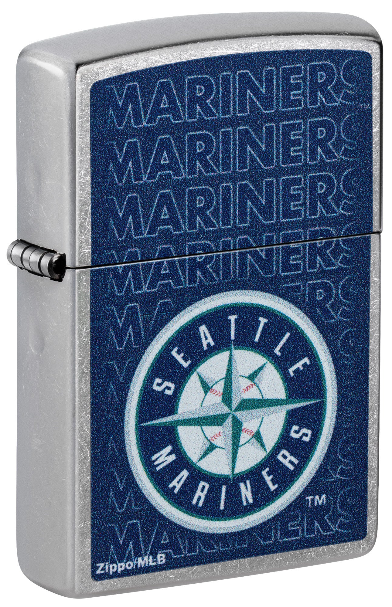 Front shot of Zippo MLB® Seattle Mariners Street Chrome Windproof Lighter standing at a 3/4 angle.