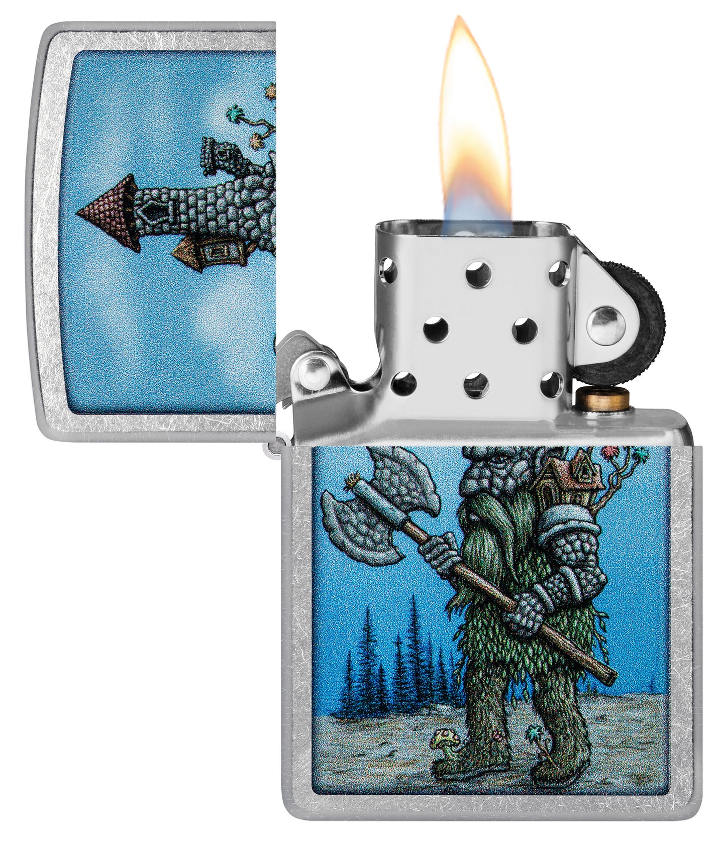 Zippo Castle Troll Design Street Chrome Windproof Lighter with its lid open and lit.