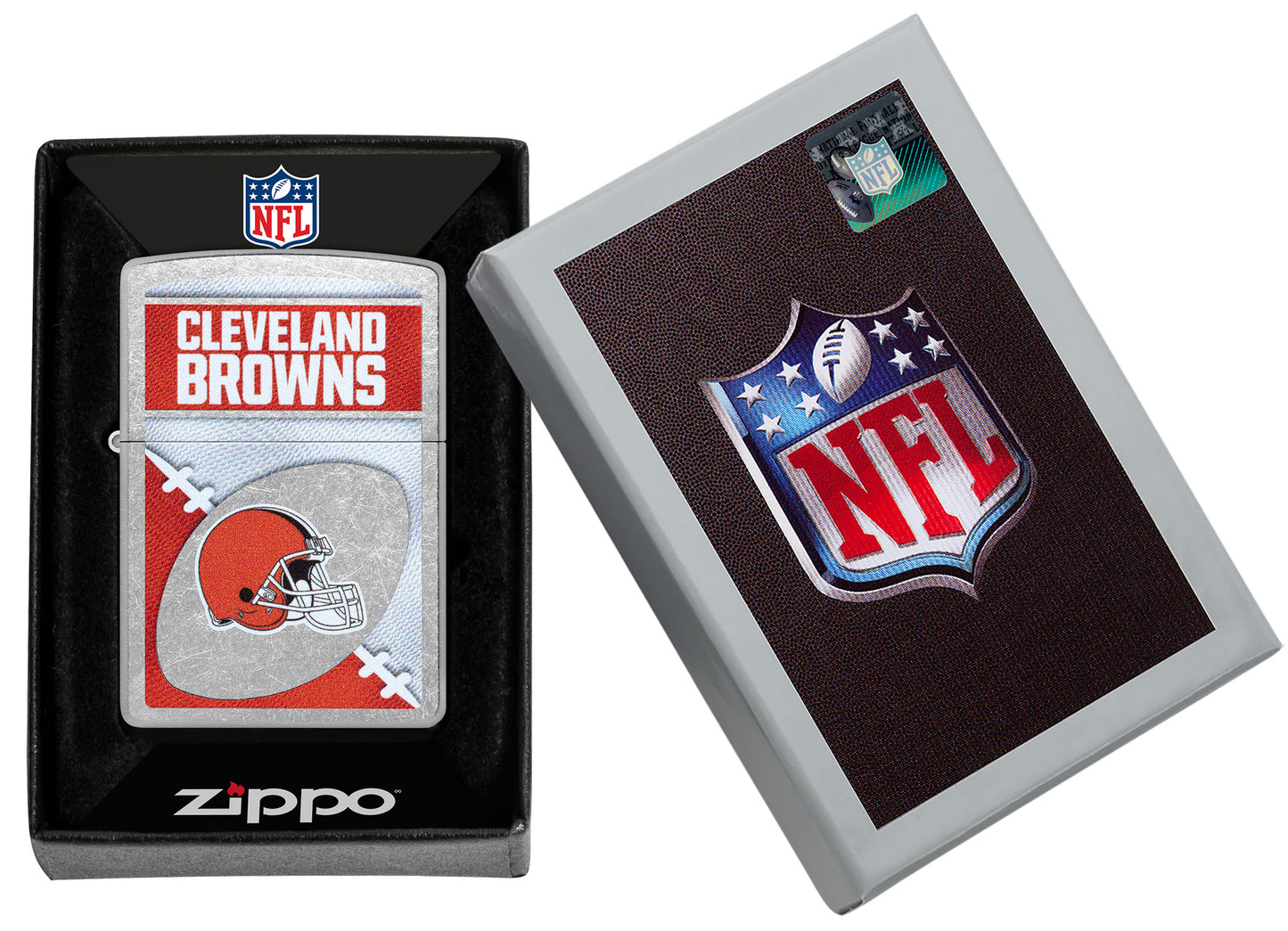 Zippo NFL Cleveland Browns Street Chrome Windproof Lighter in its packaging.