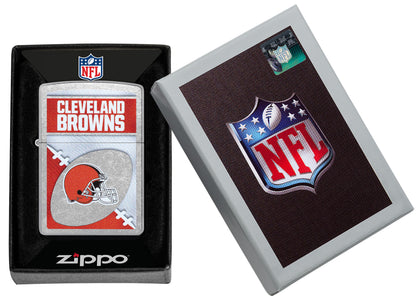 Zippo NFL Cleveland Browns Street Chrome Windproof Lighter in its packaging.