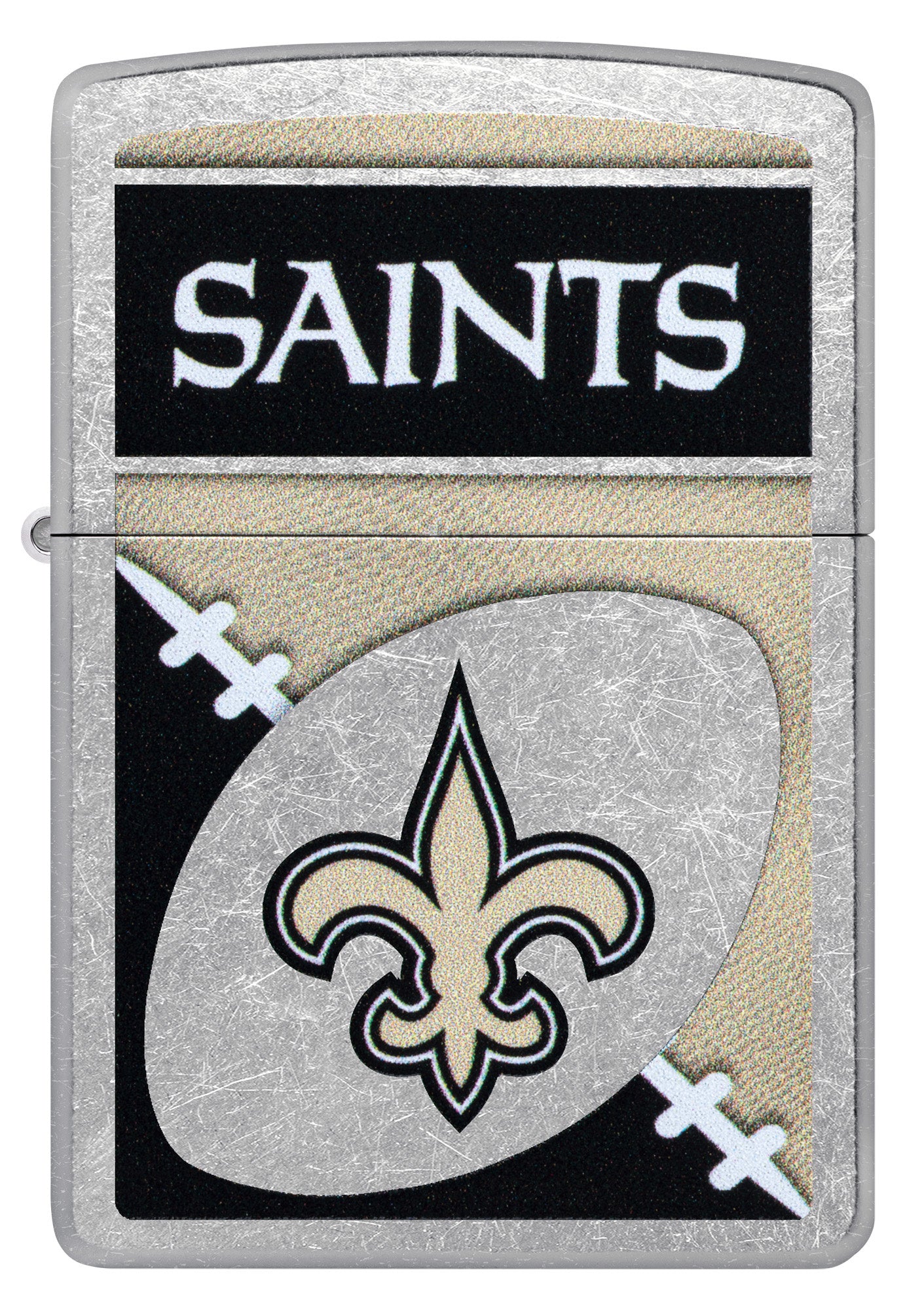 Front view of Zippo NFL New Orleans Saints Street Chrome Windproof Lighter.