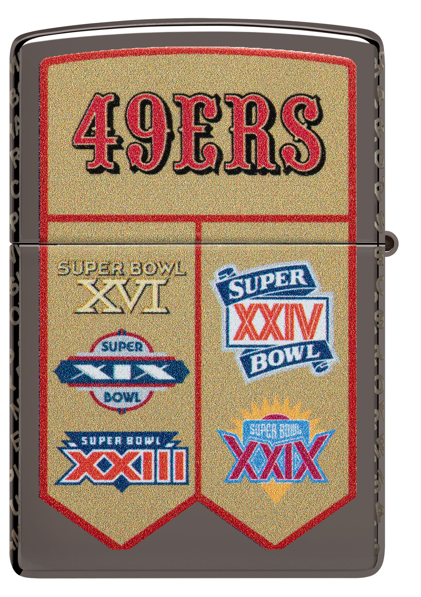 Back view of Zippo NFL San Francisco 49ers Super Bowl Commemorative Armor Black Ice Windproof Lighter.