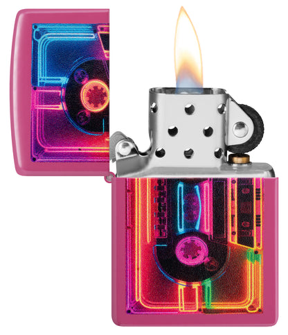 Zippo Neon Cassette Design Frequency Windproof Lighter with its lid open and lit.