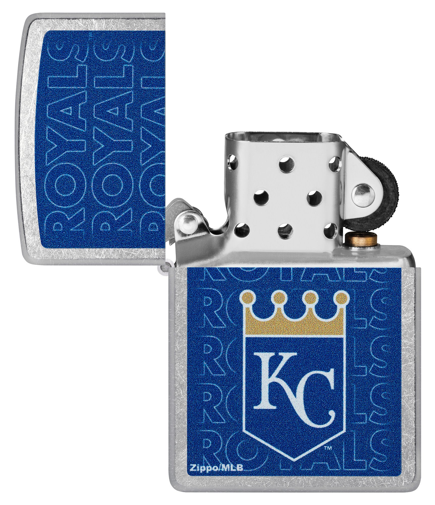 Zippo MLB® Kansas City Royals Street Chrome Windproof Lighter with its lid open and unlit.