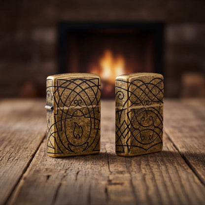 Lifestyle image of two Zippo Celtic Flame Design Armor® Antique Brass Windproof Lighters standing on a wooden surface in front of an out of focus fireplace. One showing the front and hinge side of the lighter while the other is showing the back and non-hinge side of the lighter. 

