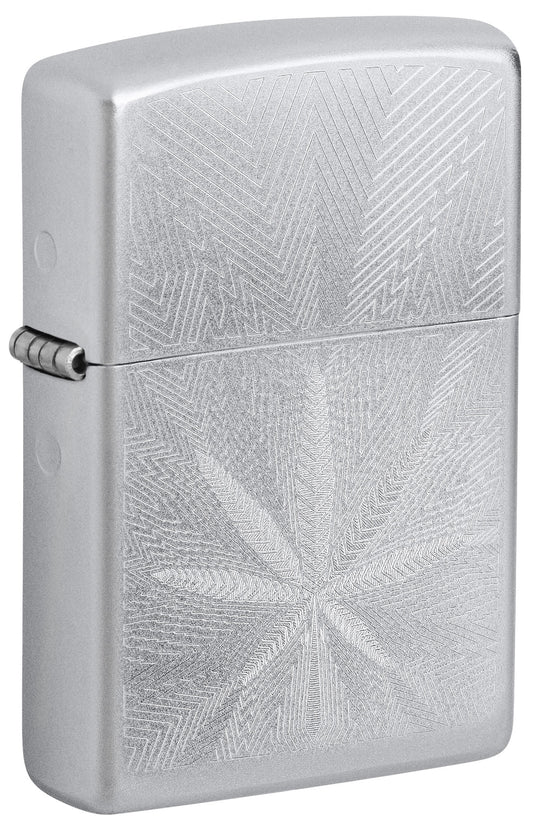 Front shot of Zippo Luxury Leaf Design Satin Chrome Windproof Lighter standing at a 3/4 angle.