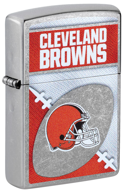 Front shot of Zippo NFL Cleveland Browns Street Chrome Windproof Lighter standing at a 3/4 angle.