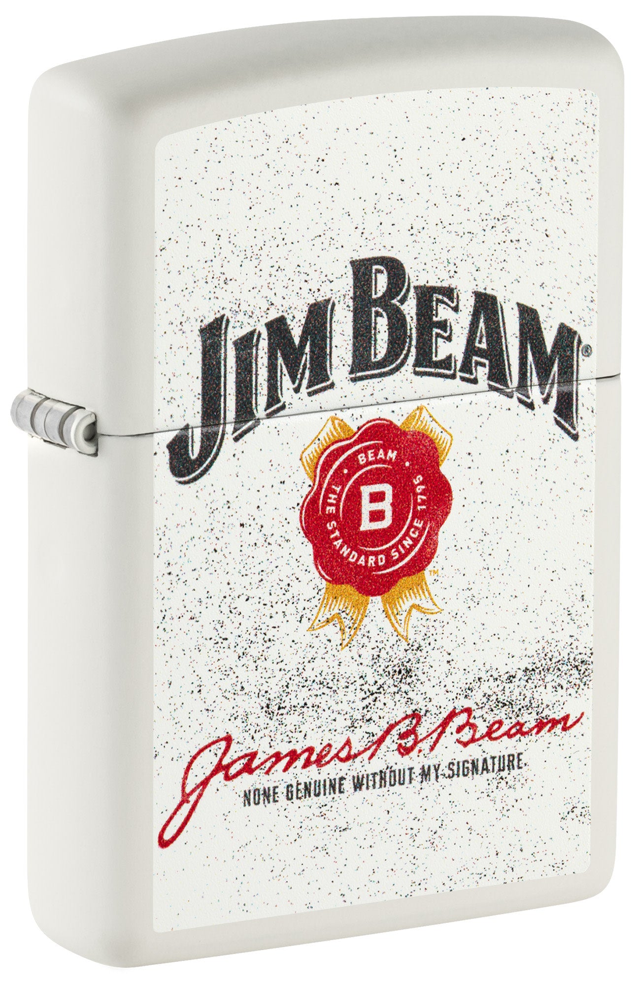 Front shot of Zippo Jim Beam® Rosette Design White Matte Windproof Lighter standing at a 3/4 angle.