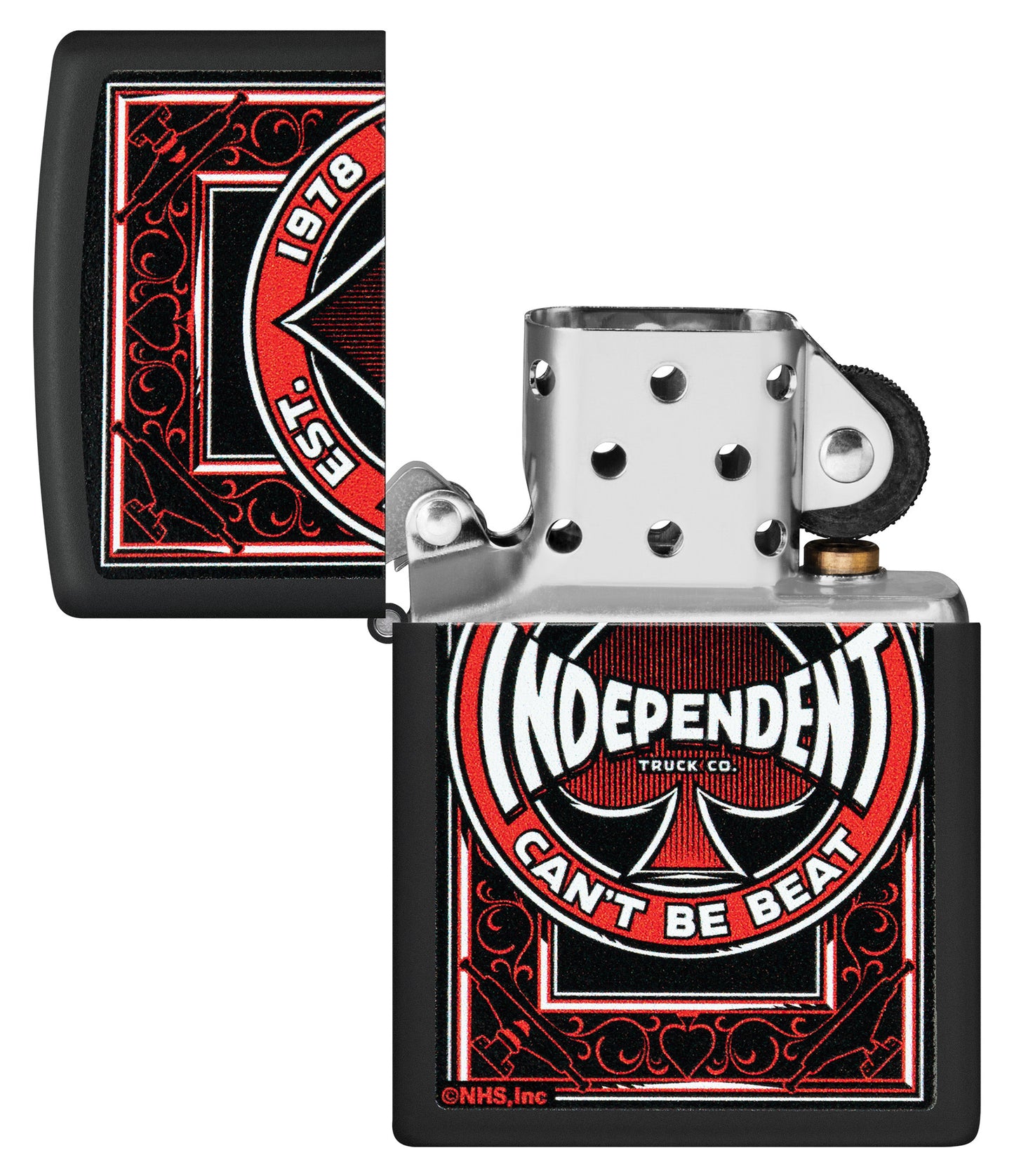 Zippo Independent Trucks Design Black Matte Windproof Lighter with its lid open and unlit.