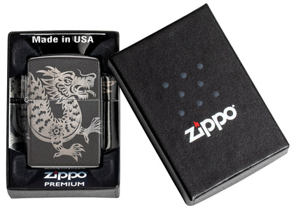 Zippo Lucky Dragon Design High Polish Black Windproof Lighter in its packaging.