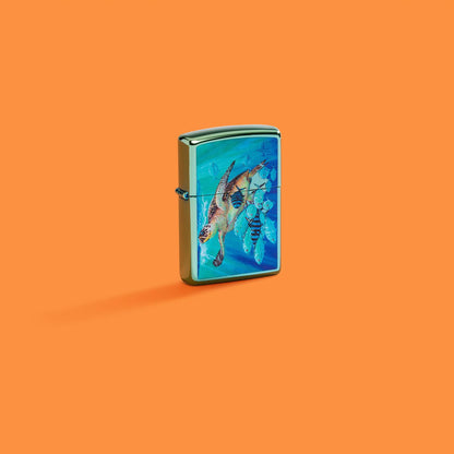 Lifestyle image of Zippo Guy Harvey High Polish Teal Windproof Lighter on an orange background.