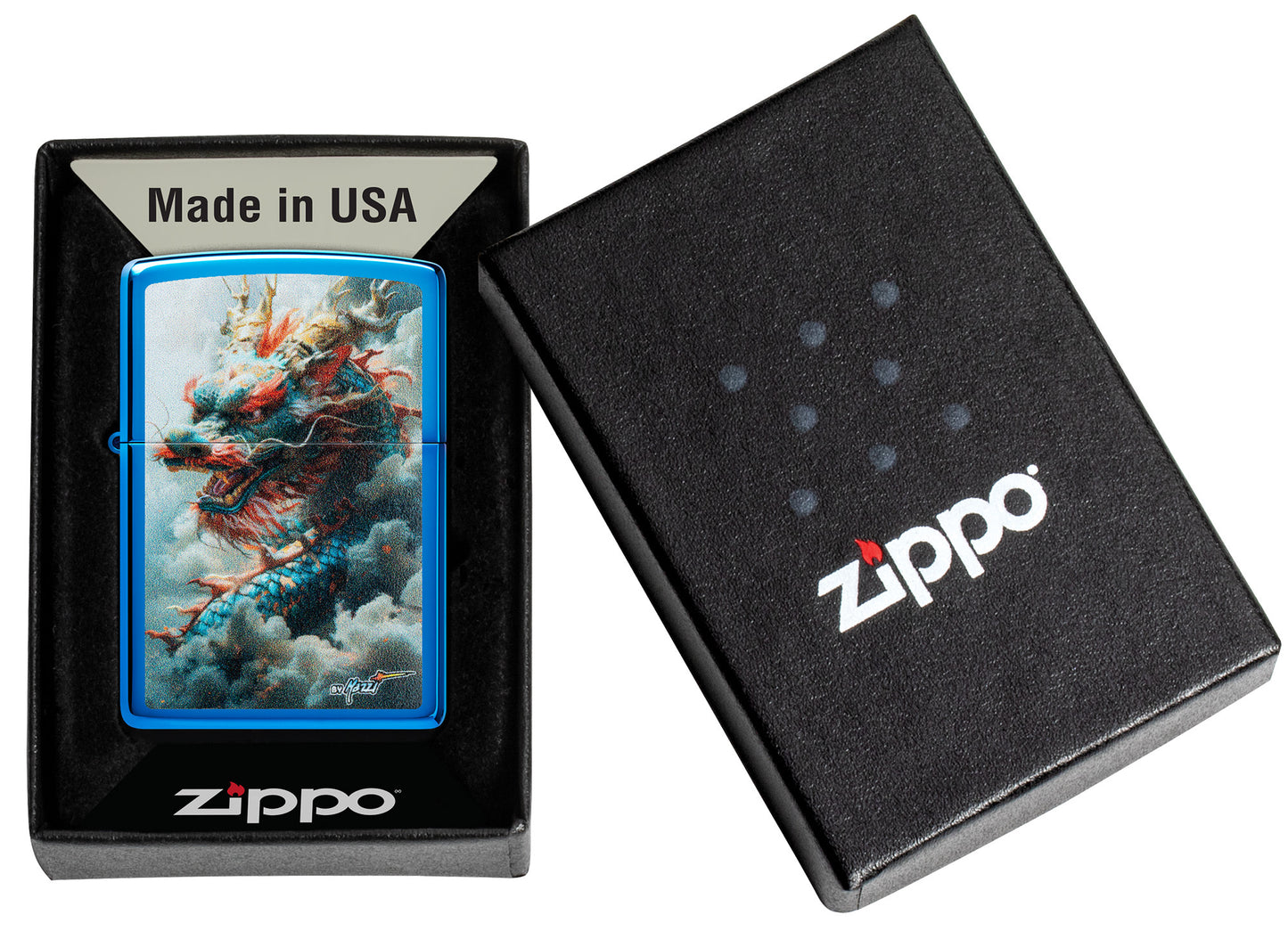 Zippo Mazzi® Dragon Design High Polish Blue Windproof Lighter in its packaging.