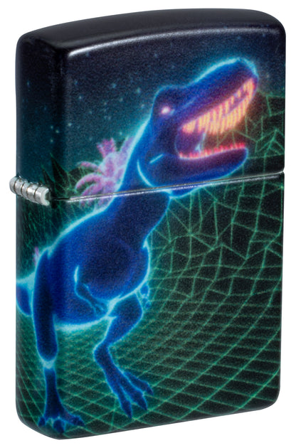 Front shot of Zippo Cyber Dino Design Glow in the Dark Windproof Lighter standing at a 3/4 angle.