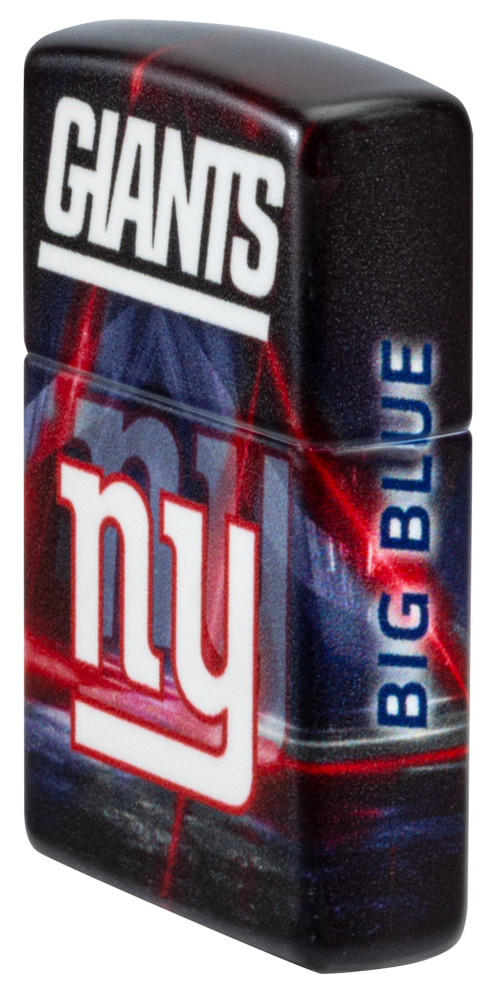 Angled shot of Zippo NFL New York Giants 540 Matte Windproof Lighter showing the front and right sides of the lighter.