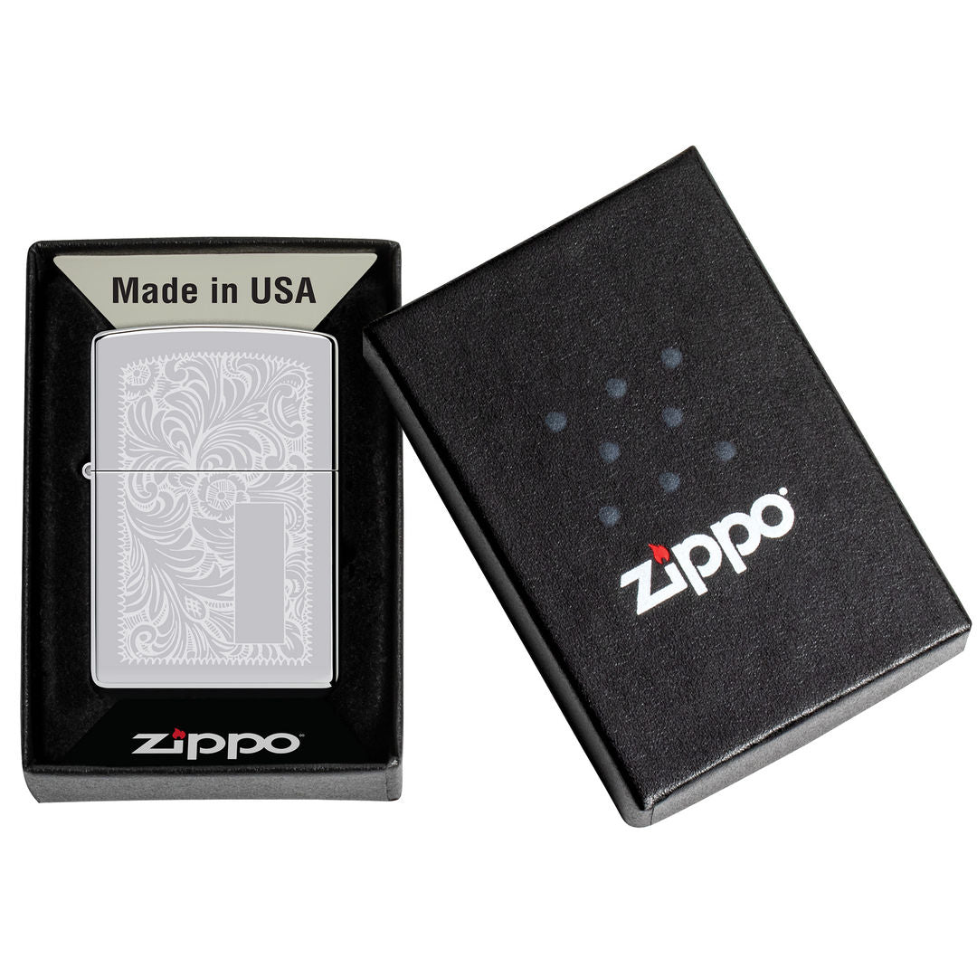 Zippo High Polish Chrome Venetian® Windproof Lighter in its packaging.