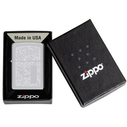 Zippo High Polish Chrome Venetian® Windproof Lighter in its packaging.