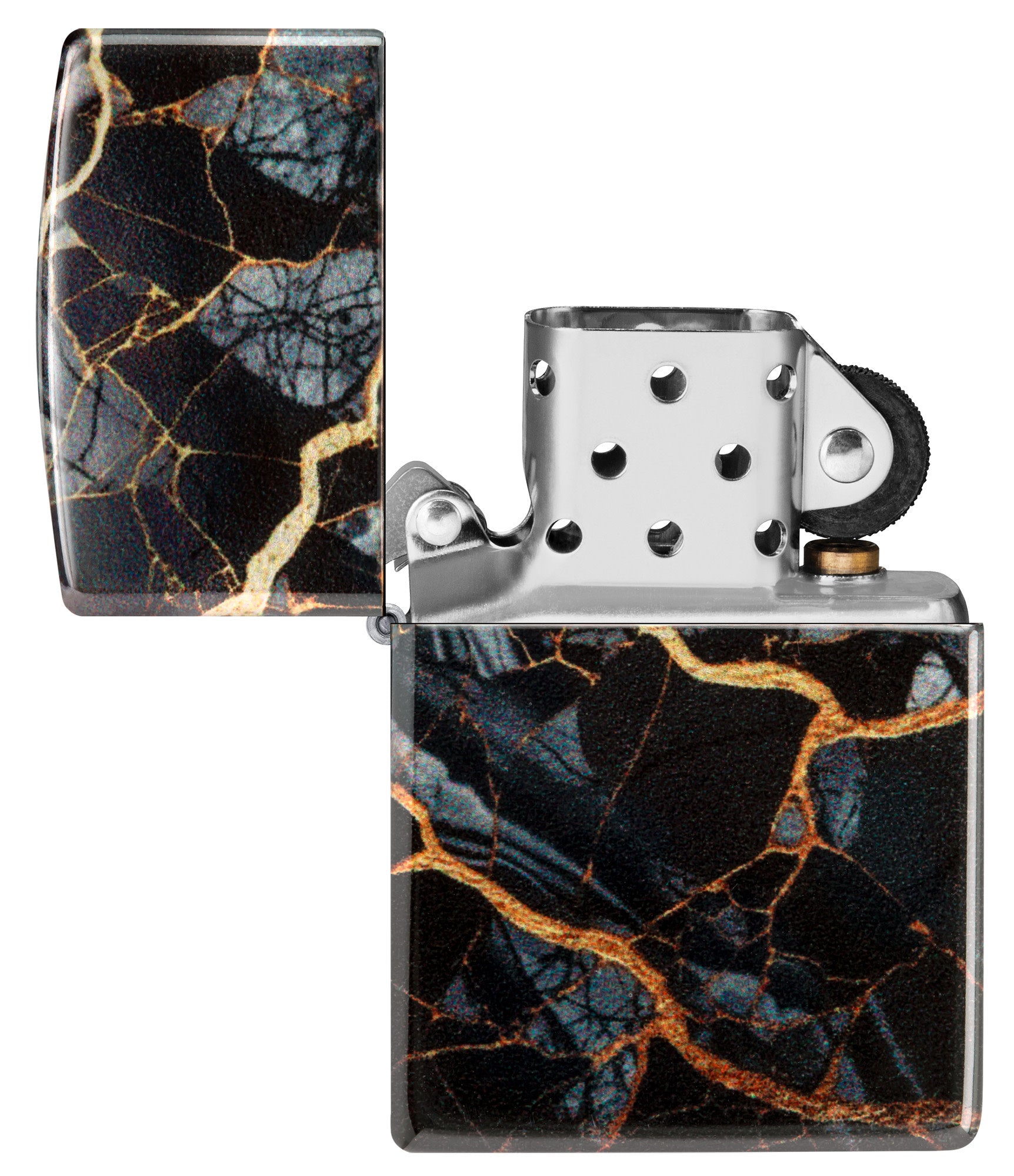 Zippo Fusion Marble Design 540 Tumbled Chrome Windproof Lighter with its lid open and unlit.