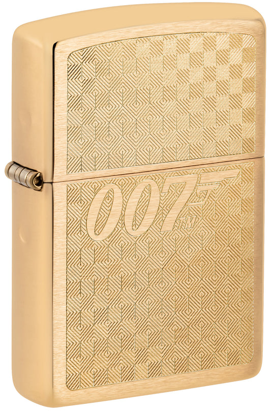 Front shot of Zippo Textured James Bond 007â„¢ Design Brushed Brass Windproof Lighter standing at a 3/4 angle.