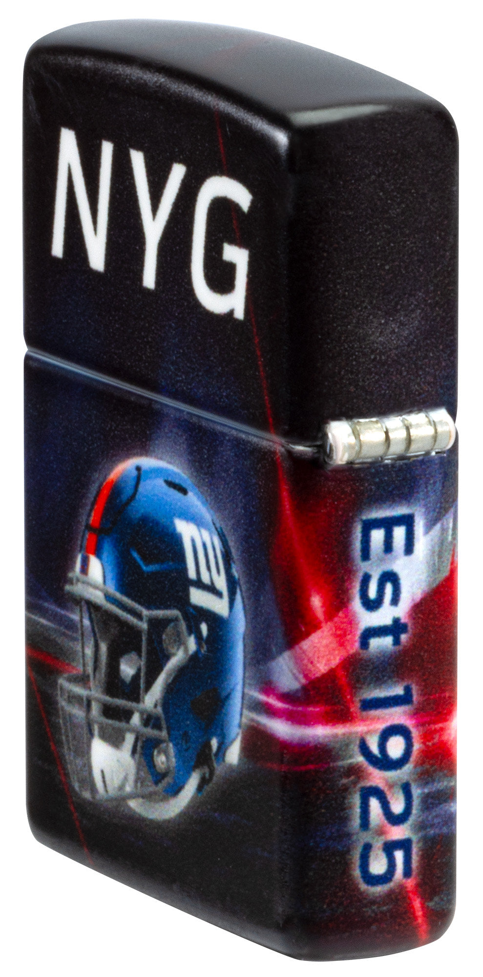 Angled shot of Zippo NFL New York Giants 540 Matte Windproof Lighter showing the back and hinge sides of the lighter.