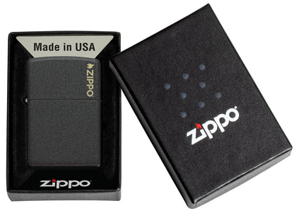 Zippo Classic Black Crackle® Zippo Logo Windproof Lighter in its packaging.