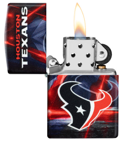 Zippo NFL Houston Texans 540 Matte Windproof Lighter with its lid open and lit.