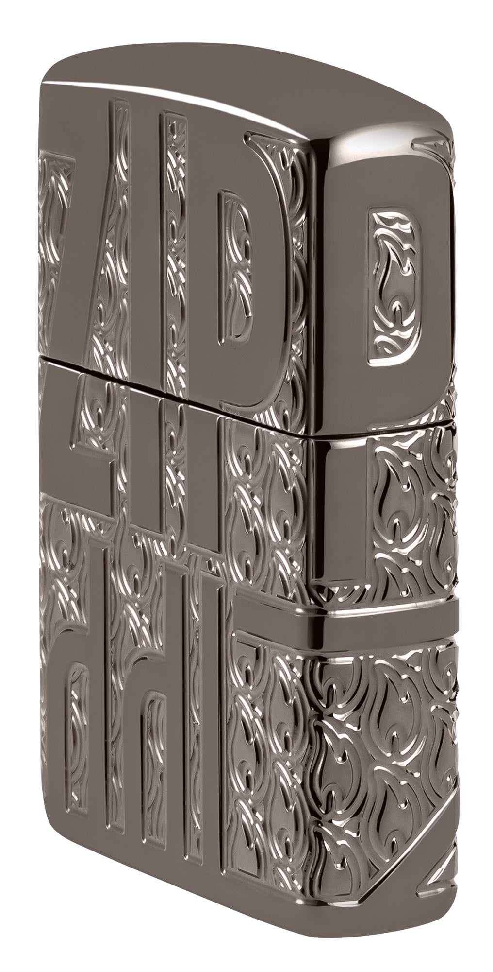 Angled shot of Zippo Reverse Carve Zippo Design Armor® Black Ice® Windproof Lighter showing the front and right side of the lighter.