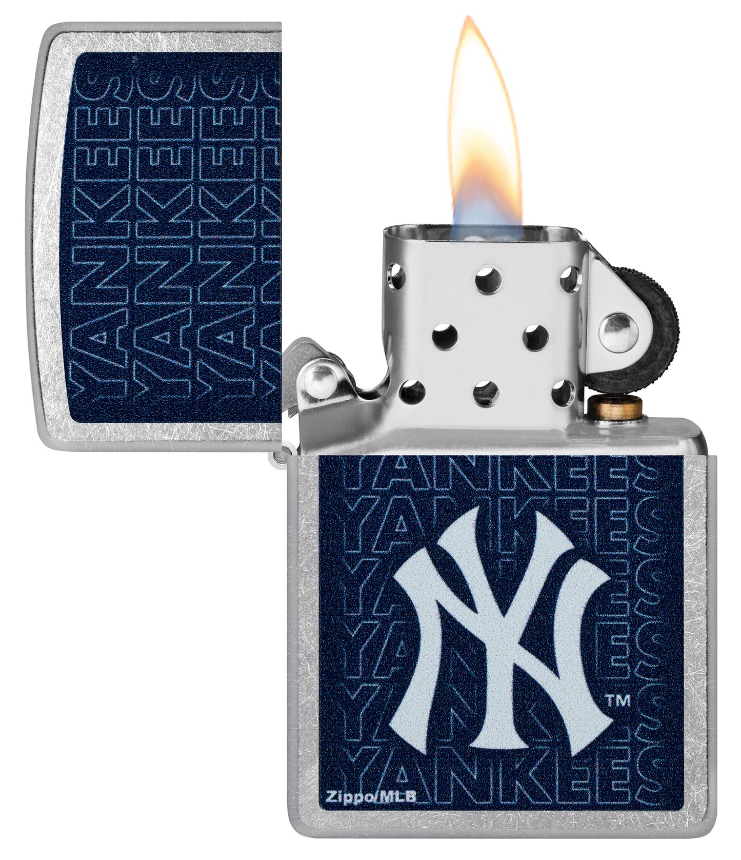 Zippo MLB® New York Yankees Street Chrome Windproof Lighter with its lid open and lit.