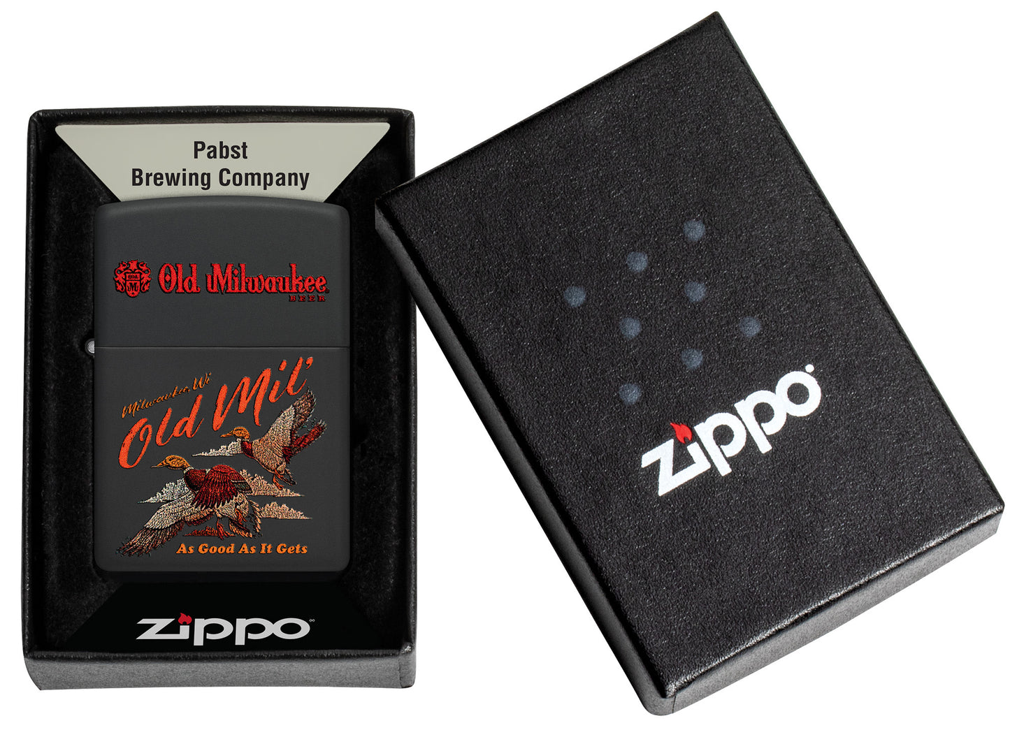 Zippo Old Milwaukee Duck Hunt Design Black Matte Windproof Lighter in its packaging.