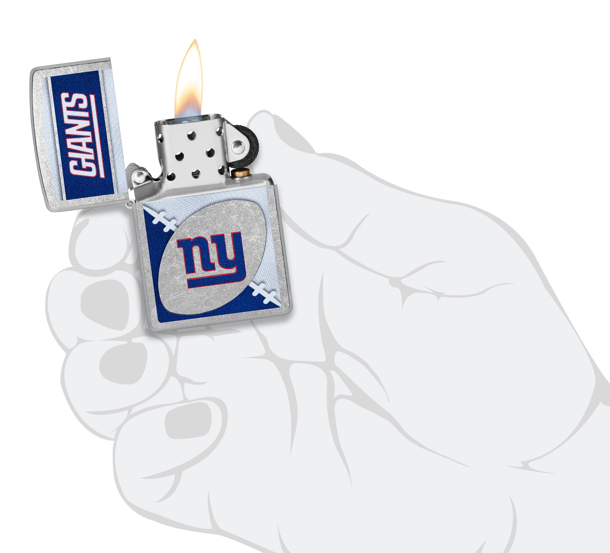 Zippo NFL New York Giants Street Chrome Windproof Lighter lit in hand.