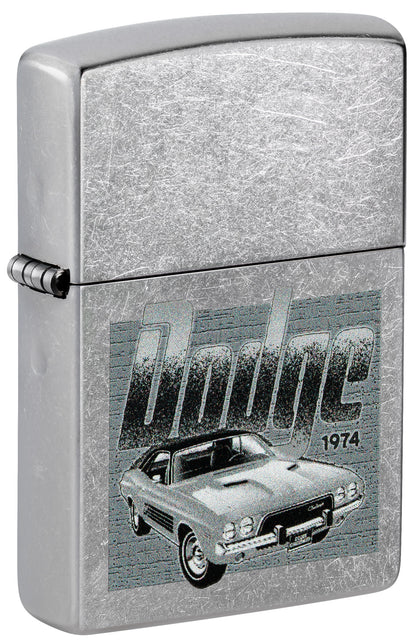 Front shot of Zippo Dodge Challenger Design Street Chrome Windproof Lighter standing at a 3/4 angle.