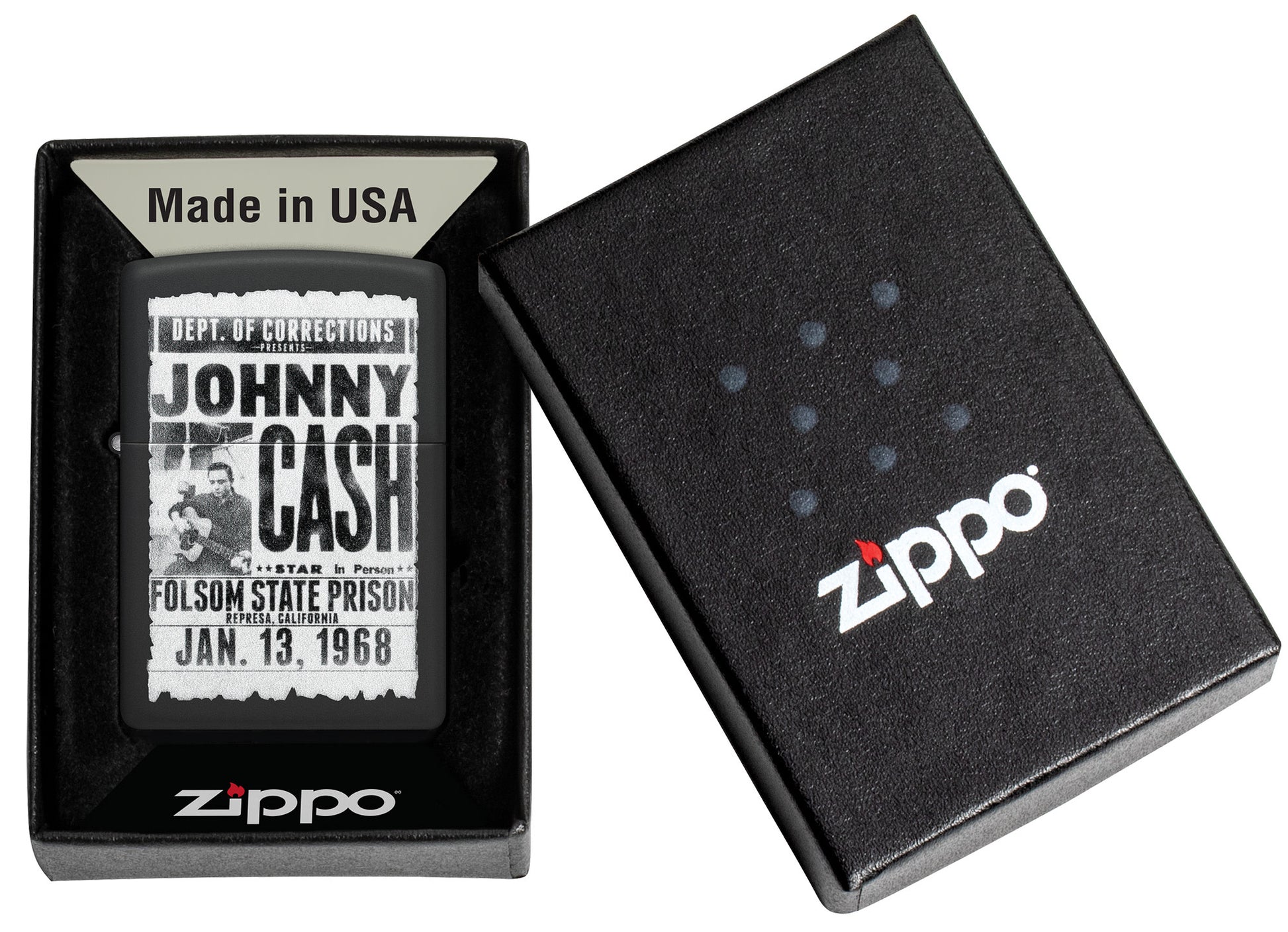 Zippo Johnny Cash Folsom State Prison Poster Design Black Matte Windproof Lighter in its packaging.