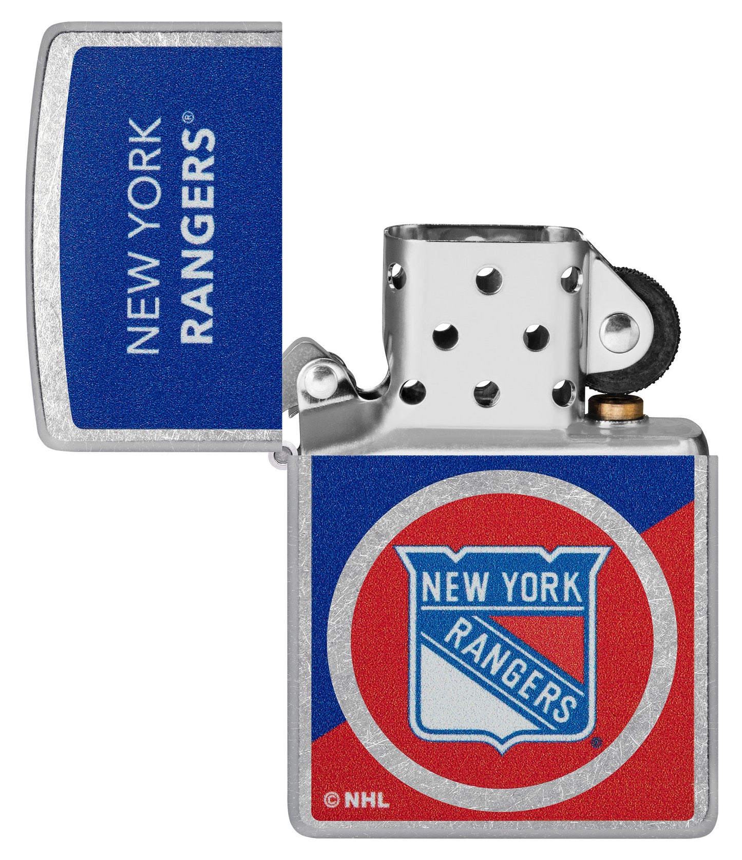 Zippo NHL® New York Rangers® 2024 Street Chrome™ Windproof Lighter lit in hand.