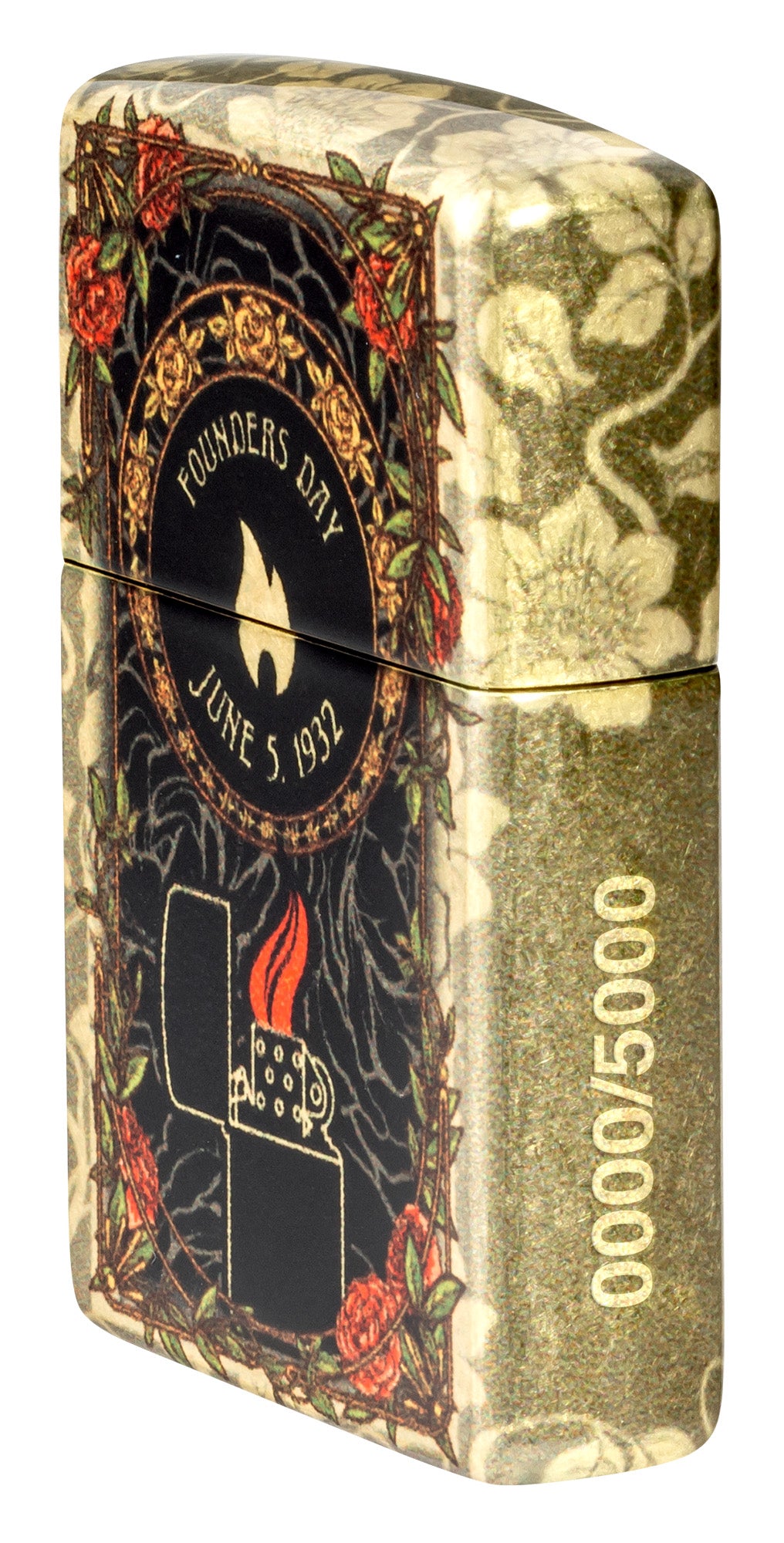 Angled shot of Zippo 2025 Founder's Day Collectible 540 Tumbled Brass Windproof Lighter showing the front and right sides of the lighter.