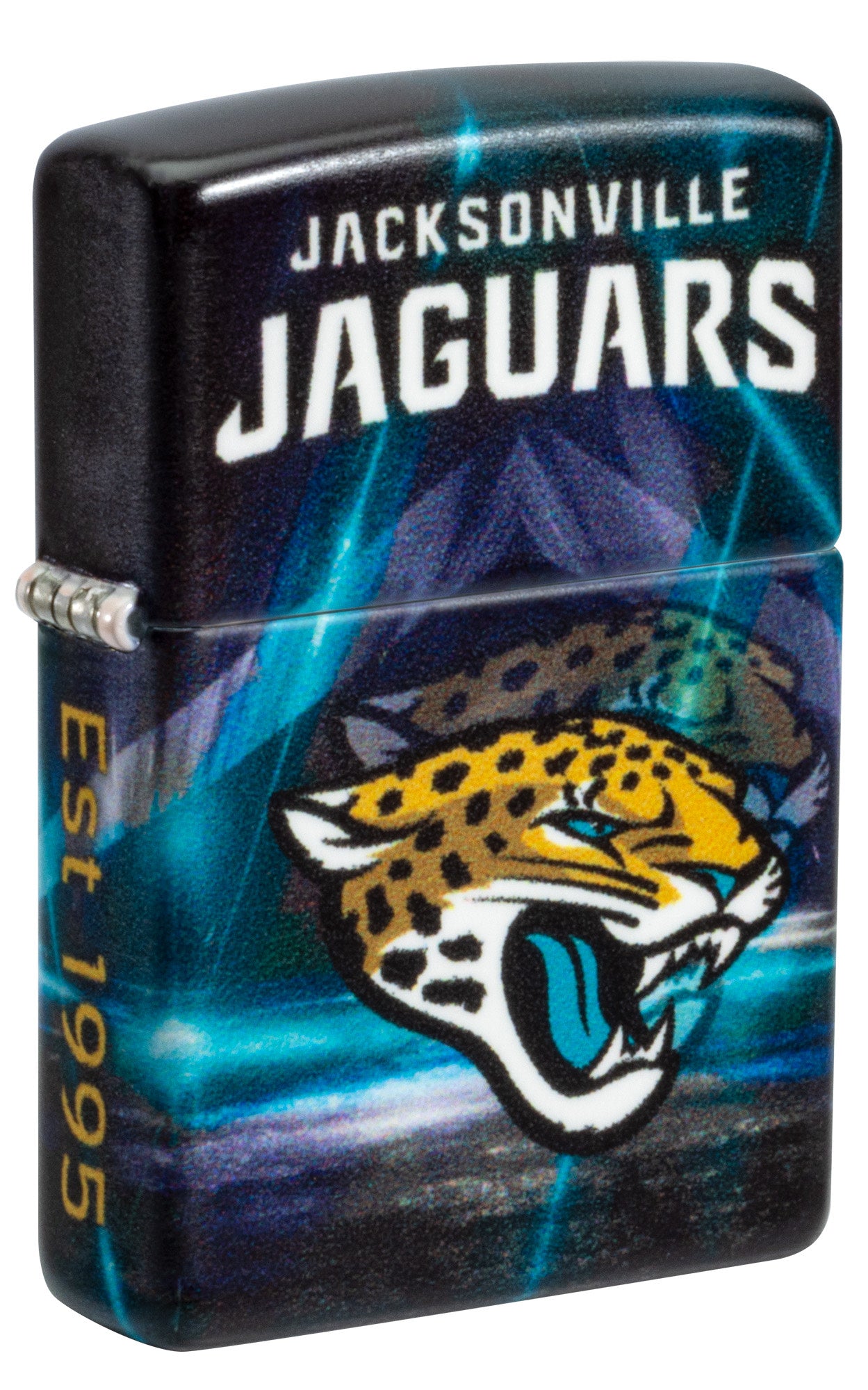 Front shot of Zippo NFL Jacksonville Jaguars 540 Matte Windproof Lighter standing at a 3/4 angle.