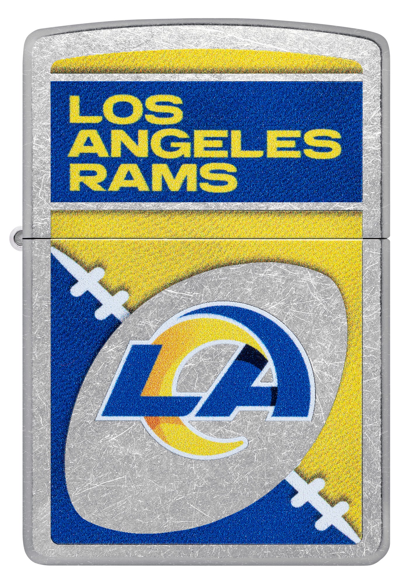 Front view of Zippo NFL Los Angeles Rams Street Chrome Windproof Lighter.