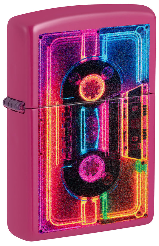 Front shot of Zippo Neon Cassette Design Frequency Windproof Lighter standing at a 3/4 angle.