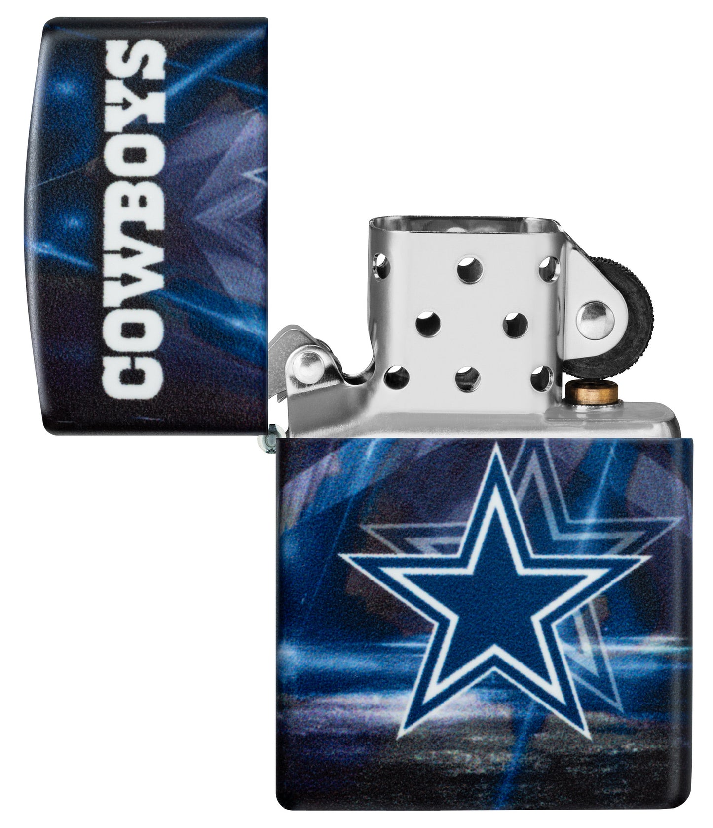 Zippo NFL Dallas Cowboys 540 Matte Windproof Lighter with its lid open and unlit.