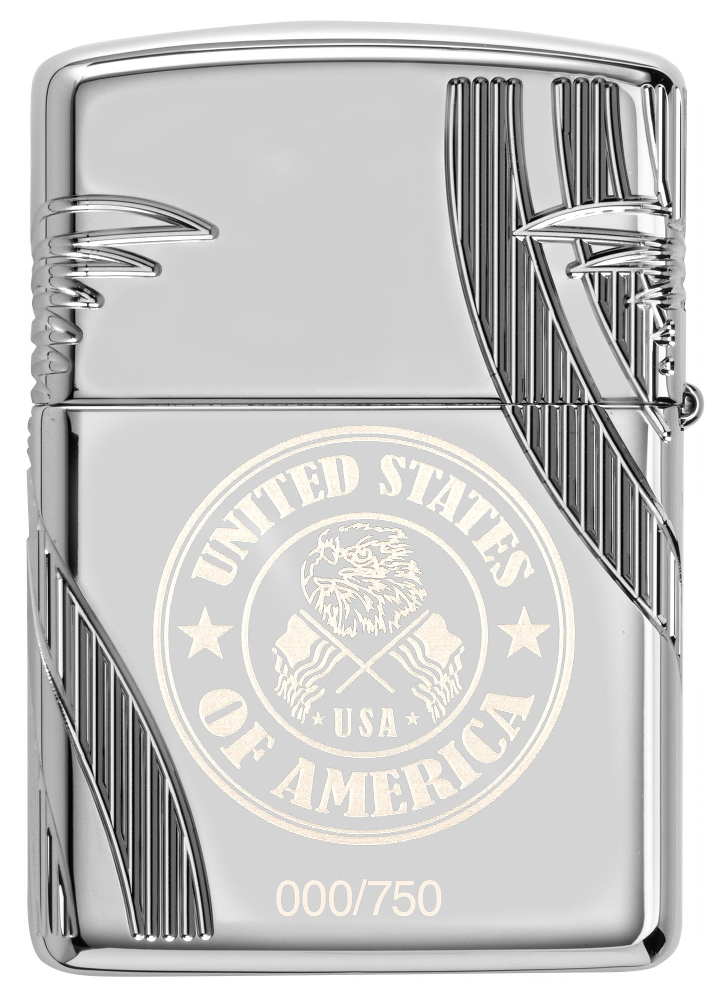 Back view of Zippo Liberty Crest Collectible Armor® High Polish Chrome Windproof Lighter.