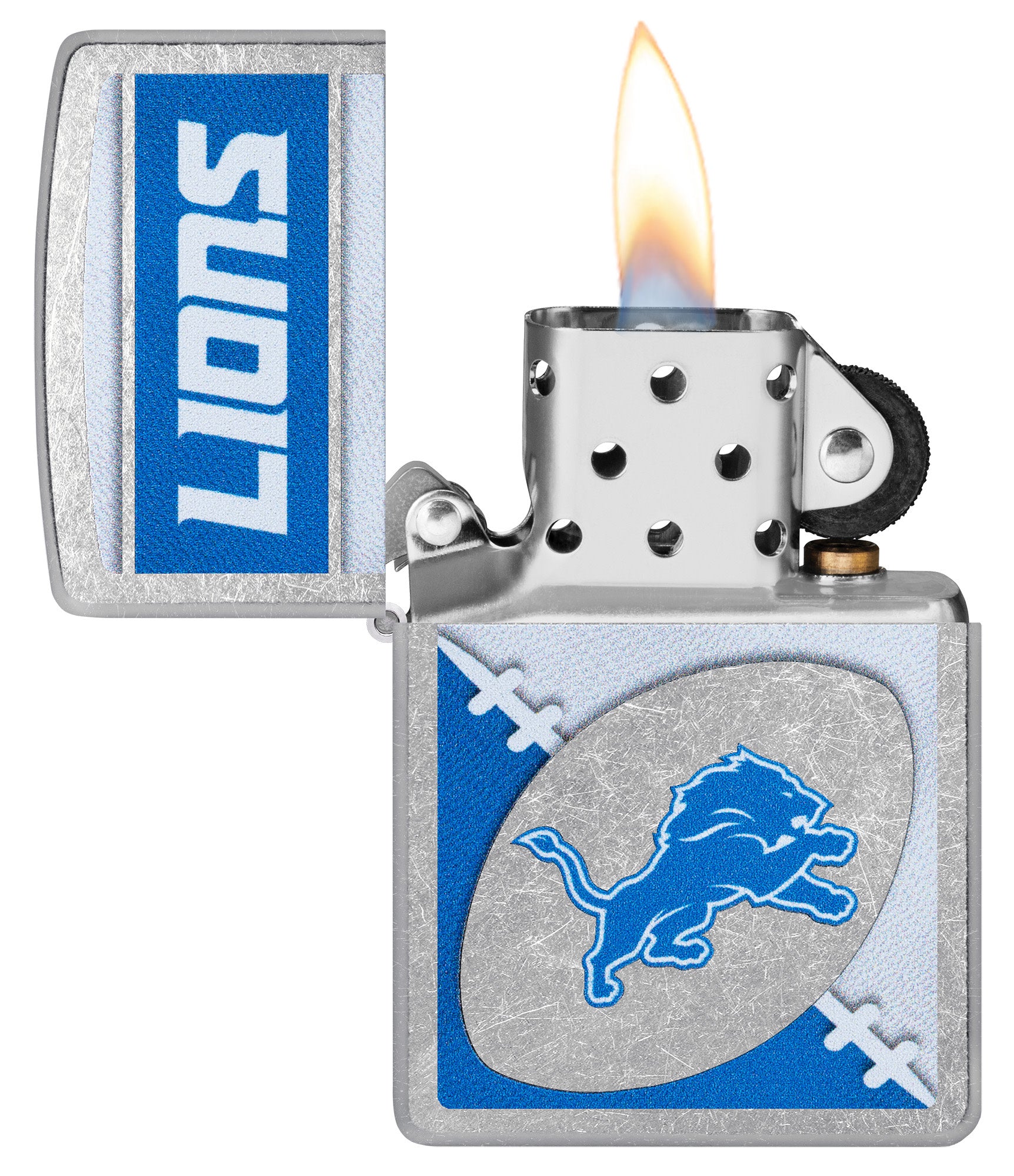 Zippo NFL Detroit Lions Street Chrome Windproof Lighter with its lid open and lit.