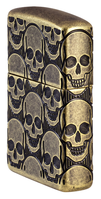 Angled shot of Zippo Cackling Cranium Design Armor® Antique Brass Windproof Lighter showing the front and right side of the lighter.