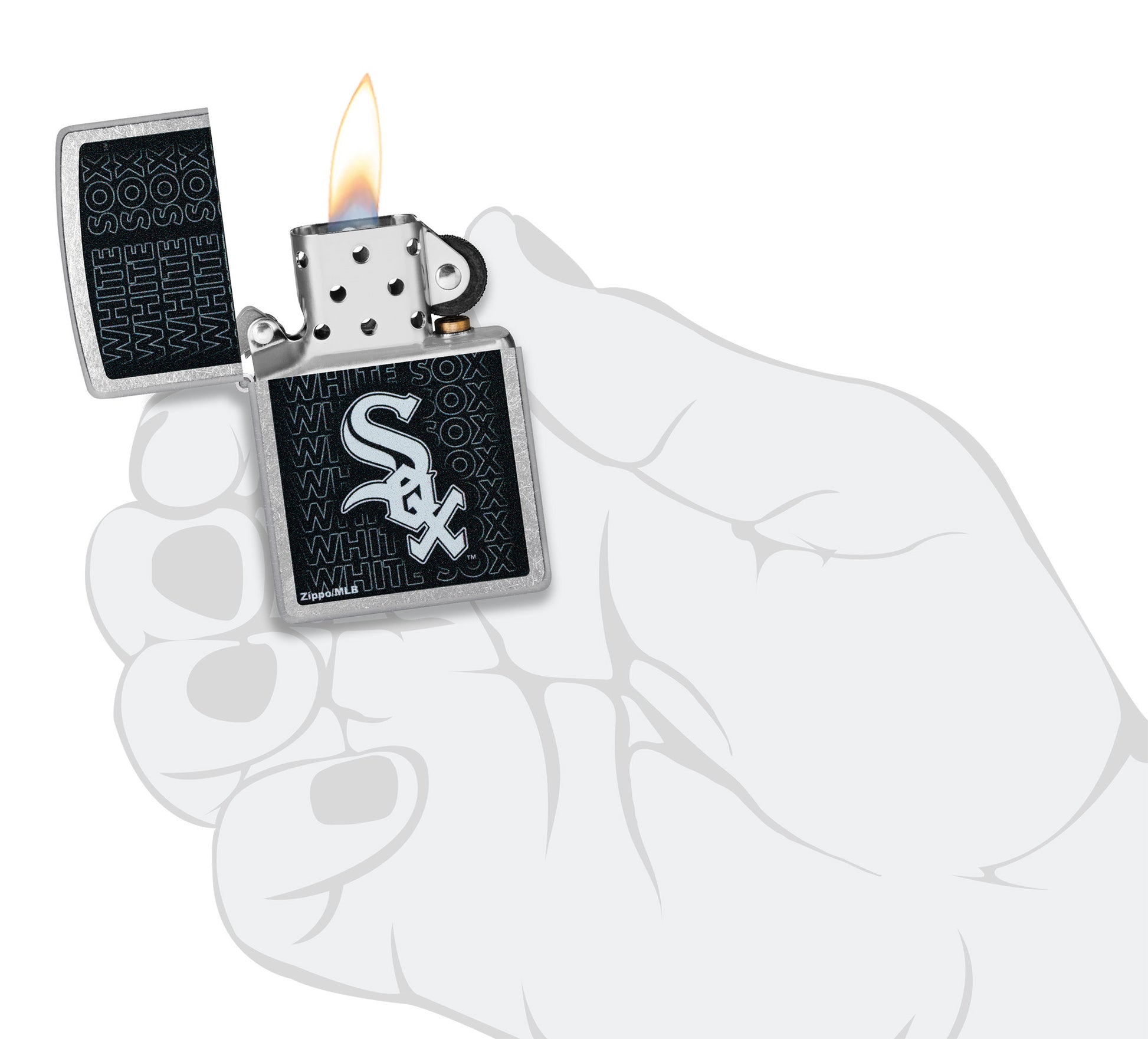 Zippo MLB® Chicago White Sox Street Chrome Windproof Lighter lit in hand.