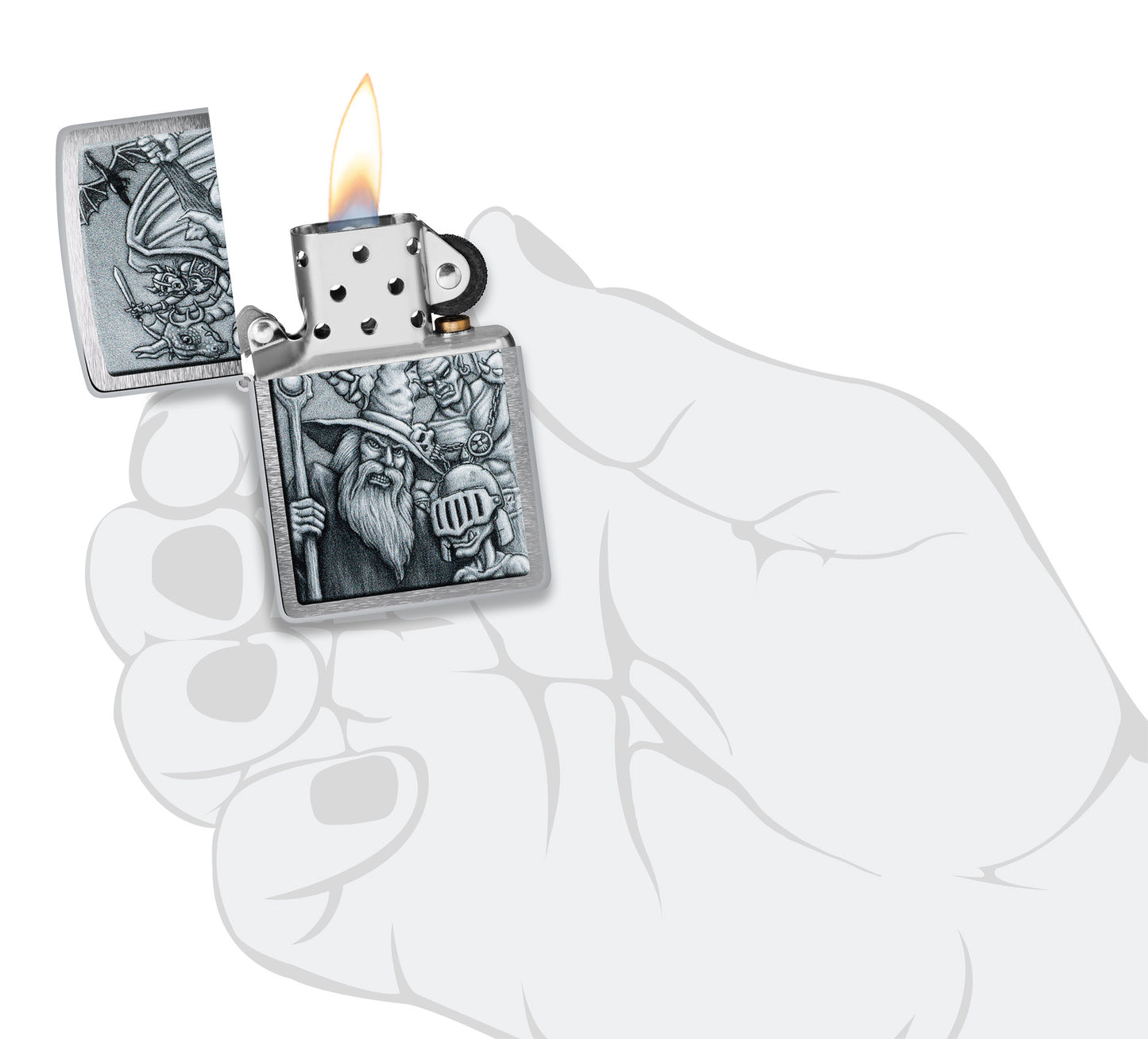 Zippo Mystical Beings Design Brushed Chrome Windproof Lighter lit in hand.