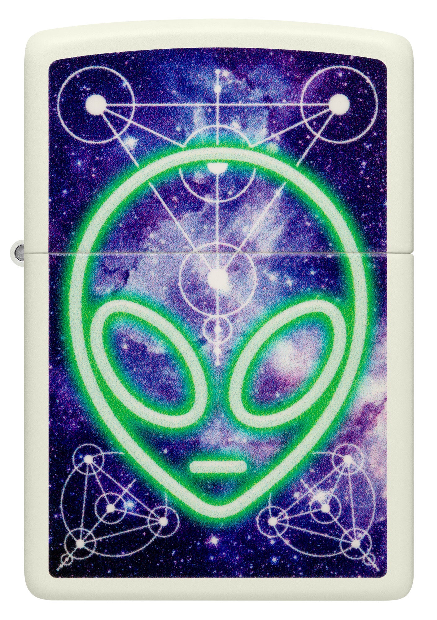 Front view of Zippo Glowing Alien Design Glow in the Dark Windproof Lighter.