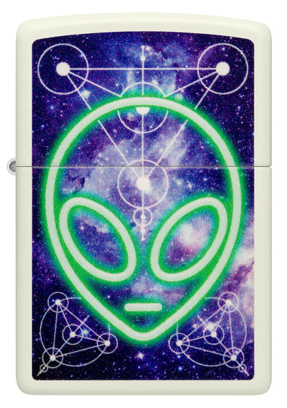 Front view of Zippo Glowing Alien Design Glow in the Dark Windproof Lighter.