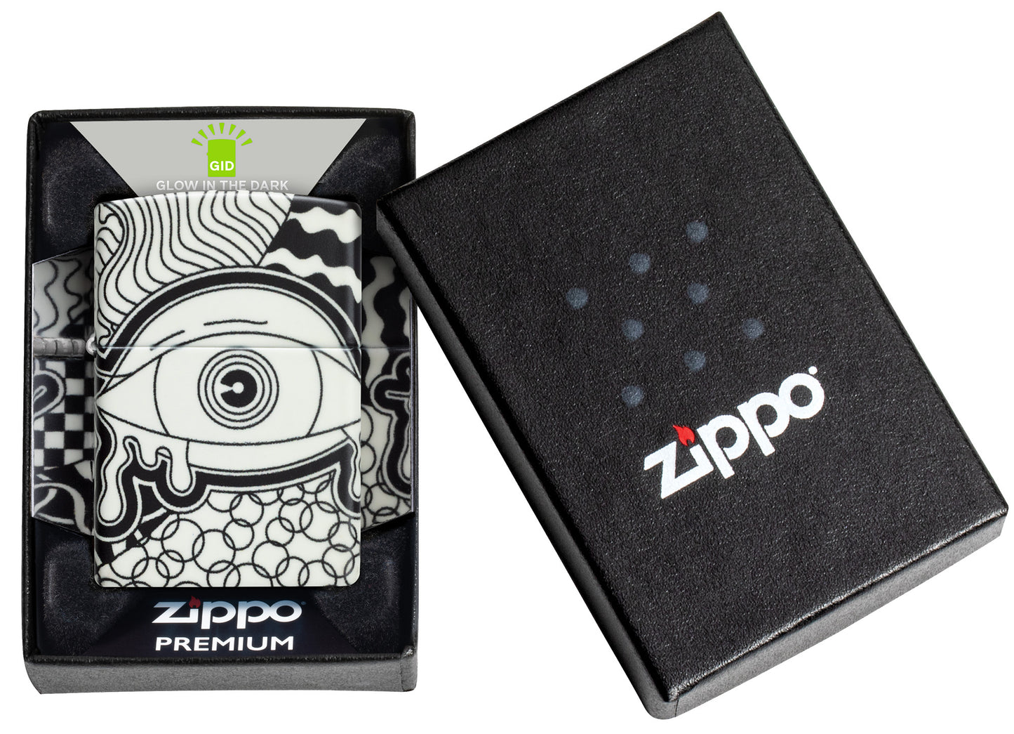 Zippo Vision Test Design Glow in the Dark Windproof Lighter in its packaging.